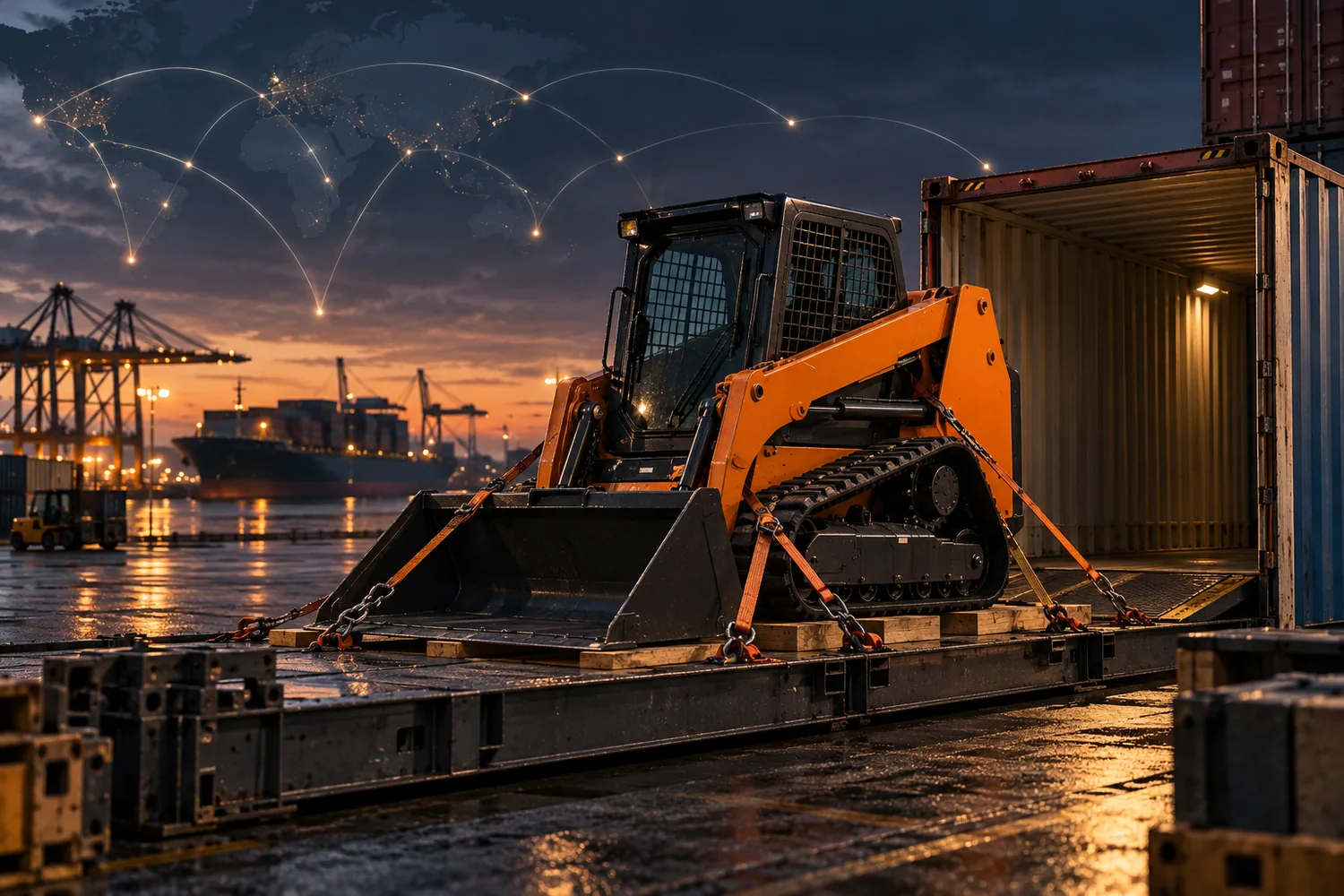 Engin de construction compact préparé pour l’exportation