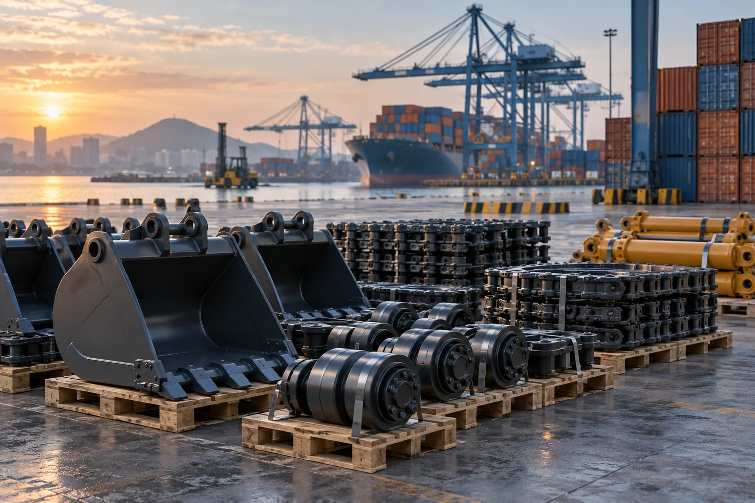 Composants d’engins préparés près d’un terminal portuaire
